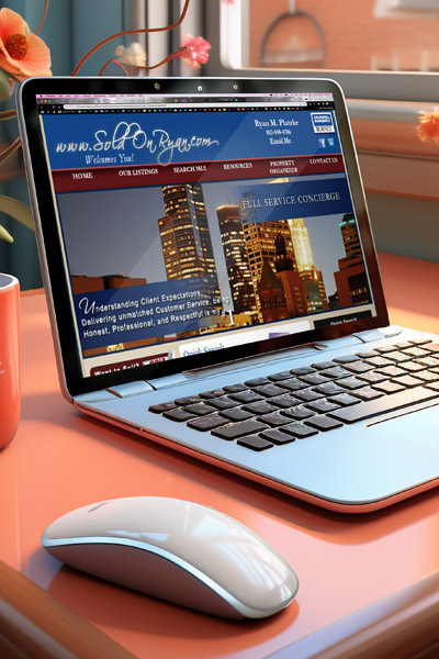 Laptop on desk showing sample work on screen